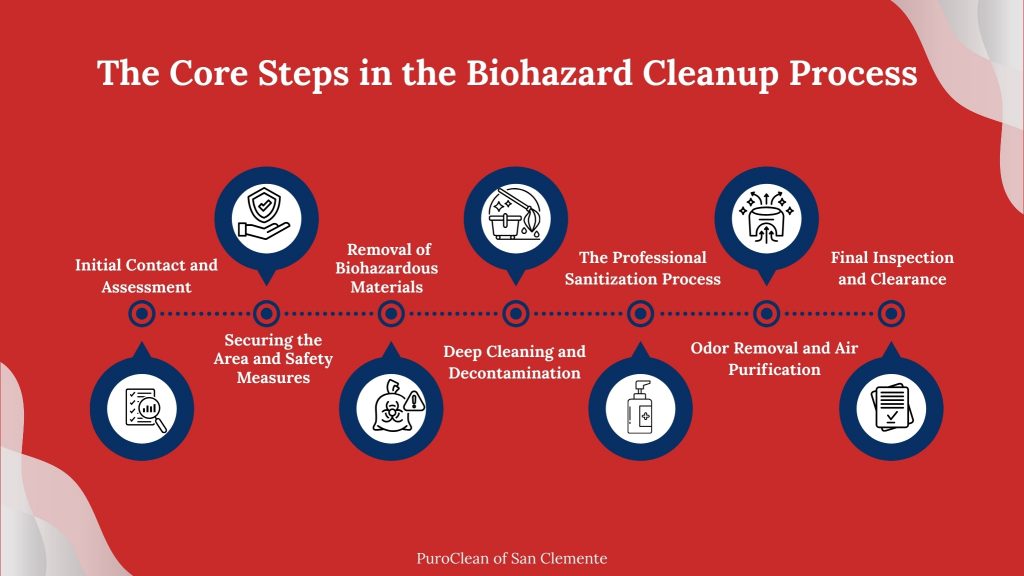 the core steps in the biohazard cleanup process