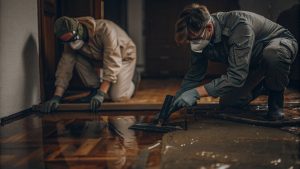 Restoration professionals drying and cleaning water damaged hardwood floors to prevent warping and save wood flooring after a leak