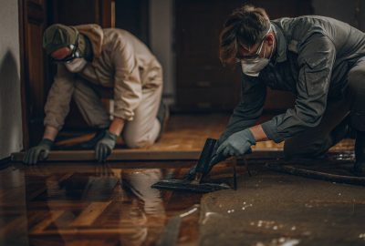 Restoration professionals drying and cleaning water damaged hardwood floors to prevent warping and save wood flooring after a leak