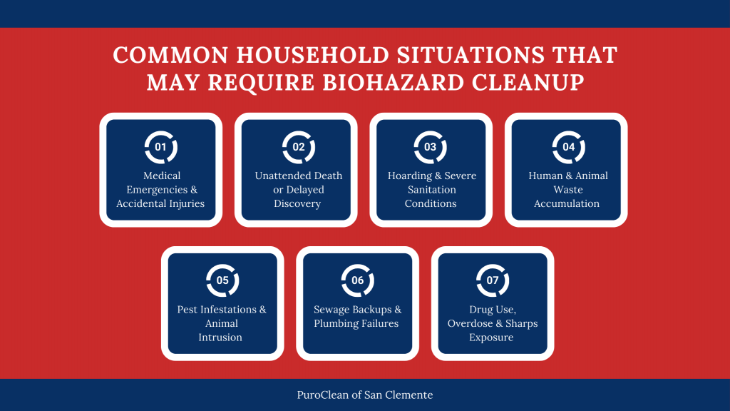 Infographic showing common household situations that may require biohazard cleanup, including medical emergencies, unattended death, hoarding, human and animal waste, pest infestations, sewage backups, and drug-related exposure