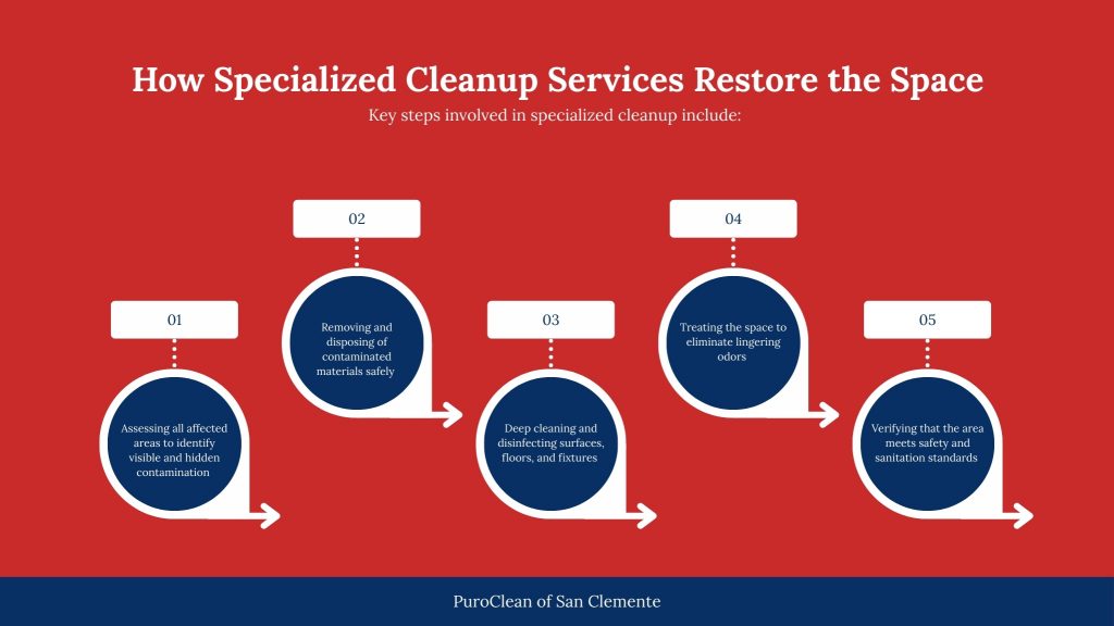 Infographic explaining how specialized cleanup services restore a space, including assessing contamination, removing contaminated materials, deep cleaning and disinfecting surfaces, eliminating odors, and verifying safety standards by PuroClean of San Clemente.
