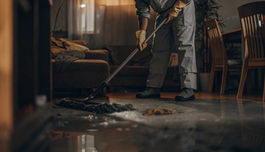Technician cleaning biohazard spill inside a residential home