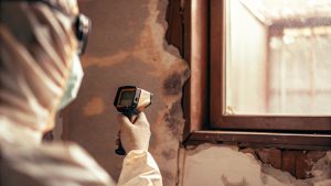 Professional using infrared camera to detect hidden water damage in wall