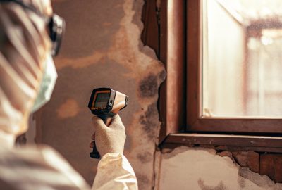 Professional using infrared camera to detect hidden water damage in wall