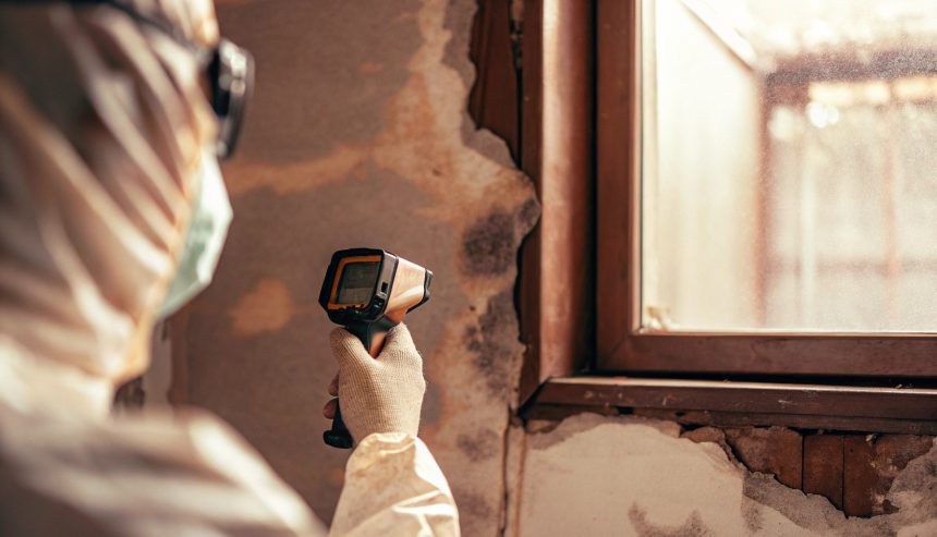 Professional using infrared camera to detect hidden water damage in wall