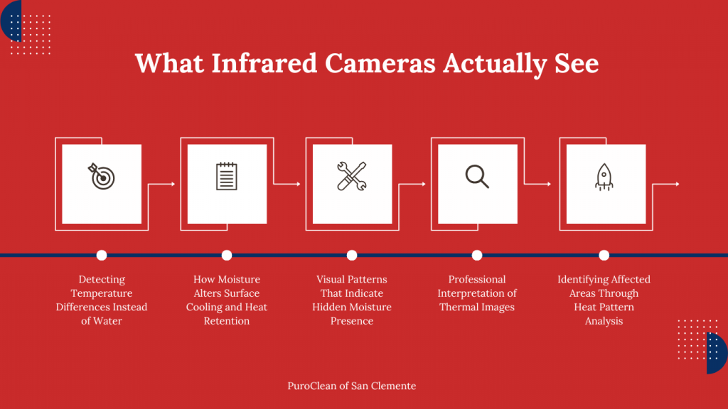 Infographic showing how infrared cameras detect temperature differences to identify hidden moisture using thermal imaging