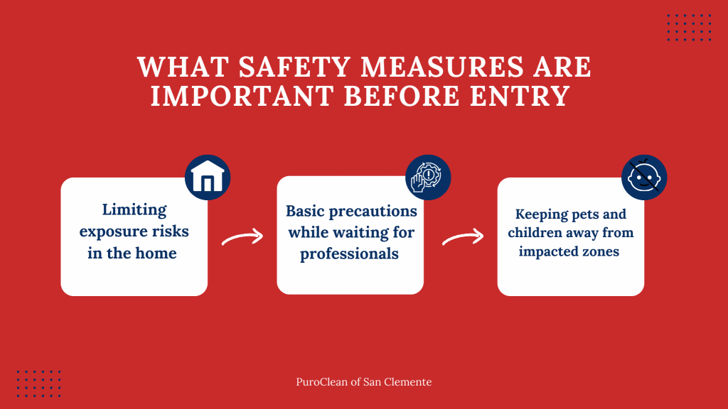 Infographic titled ‘What Safety Measures Are Important Before Entry’ highlighting three steps: limiting exposure risks in the home, taking basic precautions while waiting for professionals, and keeping pets and children away from impacted zones. Branded by PuroClean of San Clemente.