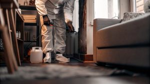 Technician in protective suit spraying disinfectant inside a home as part of pre-cleanup safety steps before biohazard cleanup