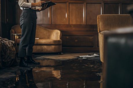 Water-damaged living room showing standing water during emergency cleanup assessment
