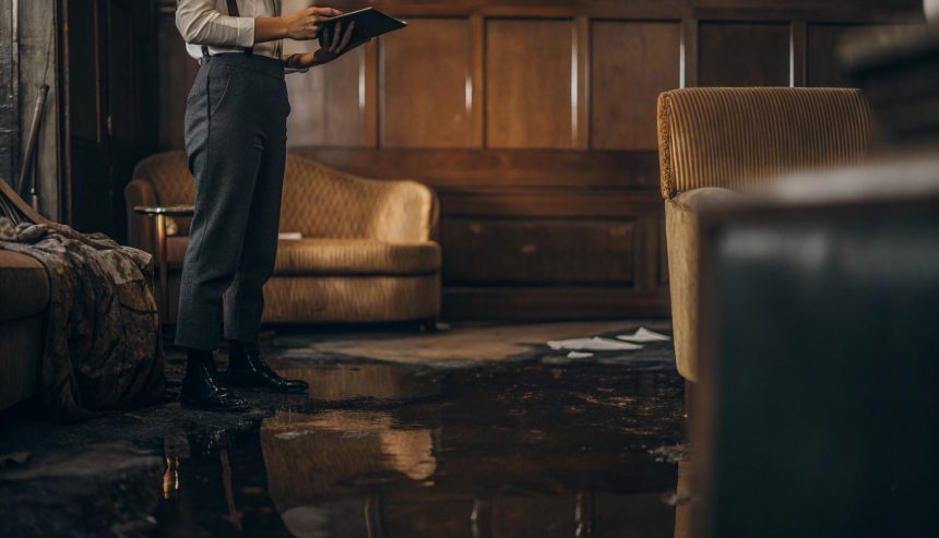 Water-damaged living room showing standing water during emergency cleanup assessment