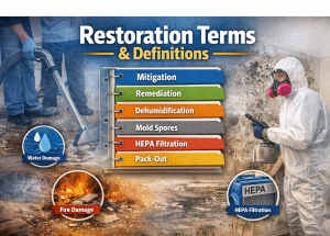 Common restoration industry terms including mitigation, remediation, and HEPA filtration used in water and mold damage restoration