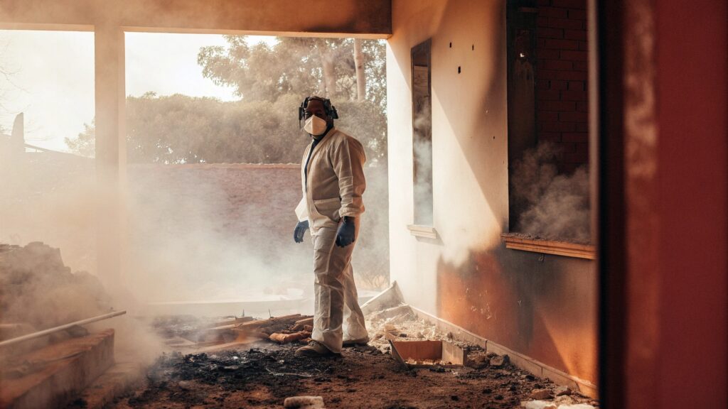 Worker in protective gear inspecting smoke-damaged interior after a fire