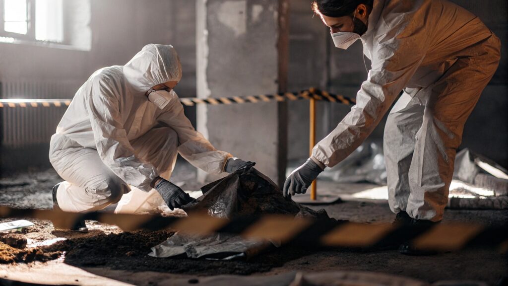 Technicians wearing protective suits handling biohazard waste disposal after cleanup in a contaminated area