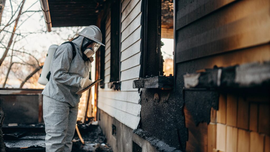 Fire restoration inspection professional assessing structural fire damage to a home’s exterior and foundation