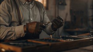 Fire restoration expert repairing a fire-damaged electronic component during the contents restoration process.