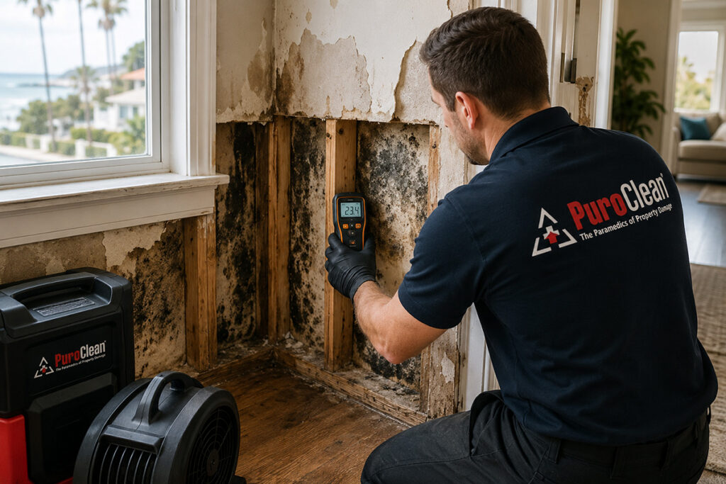 Remediation tech checking black mold growth after water damage