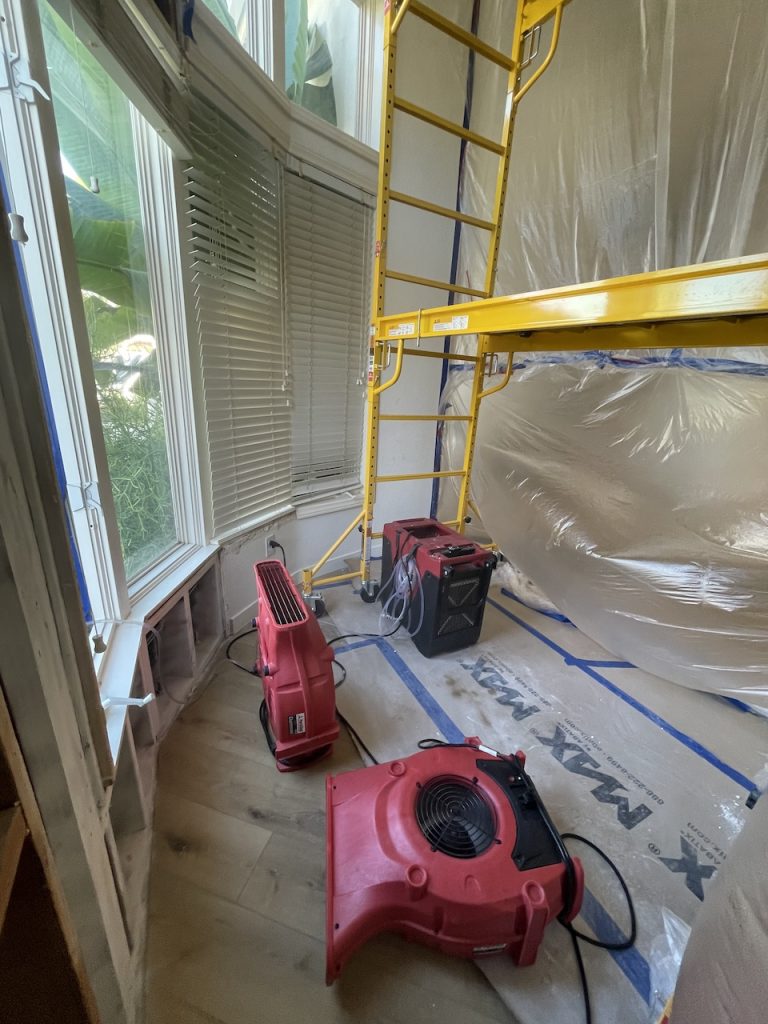The containment area and scaffolding we set for repairing the damage.
