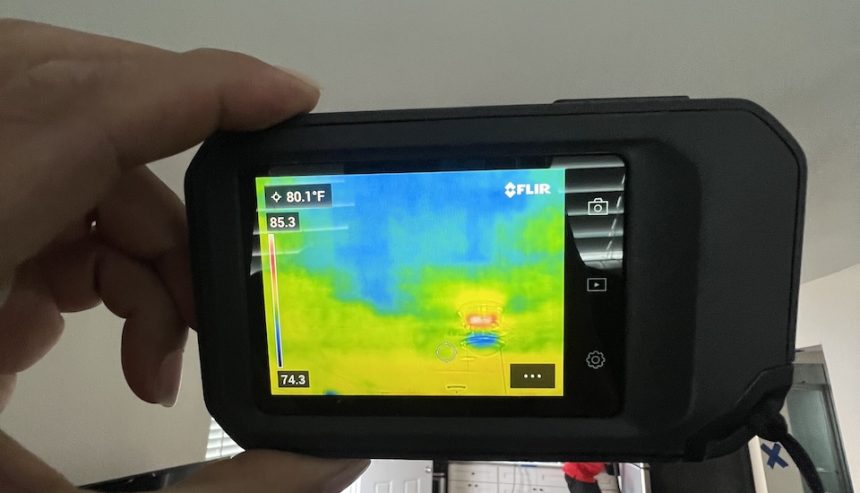 An infrared camera identifies the damage from an upstairs kitchen sink leak.