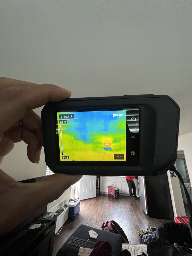 An infrared camera identifies the damage from an upstairs kitchen sink leak.