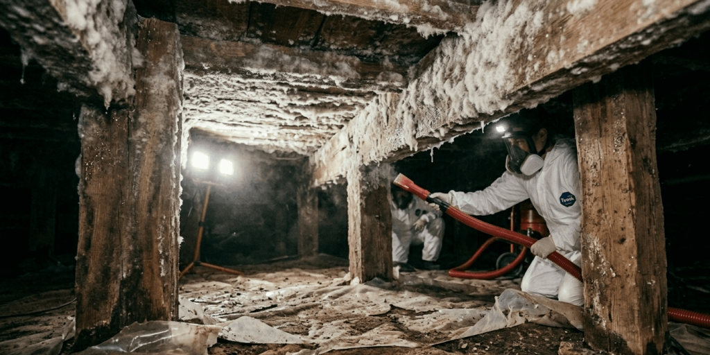 Severe white mold infestation in a residential crawl space requiring professional removal.
