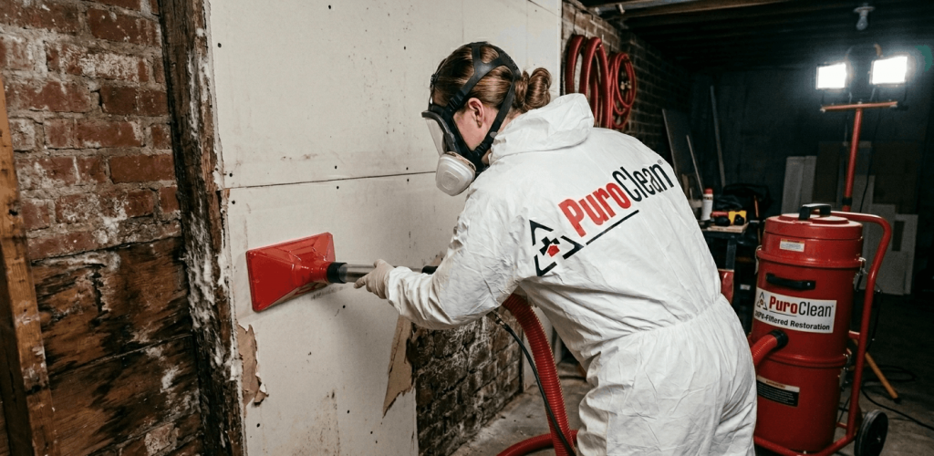 PuroClean technician performing mold remediation in Santa Maria using HEPA filtration.