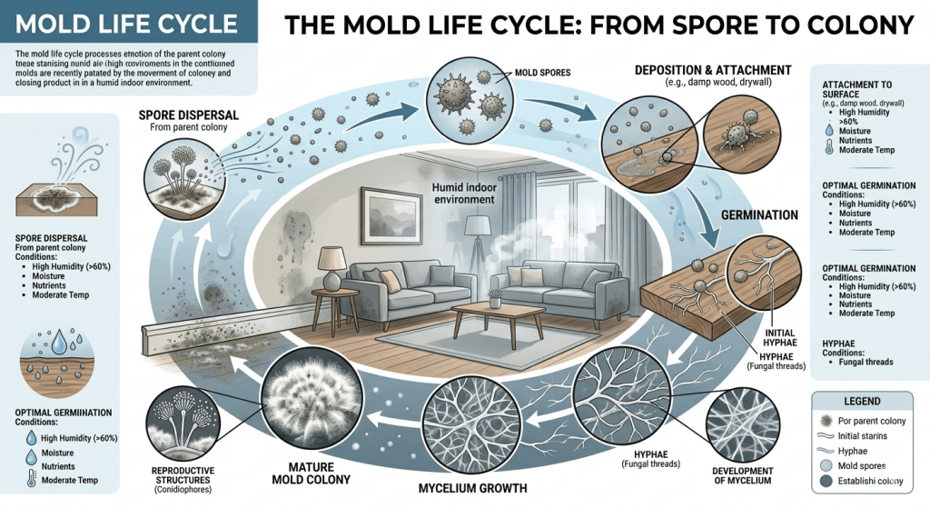 Infographic showing how mold spores spread in a humid indoor environment
