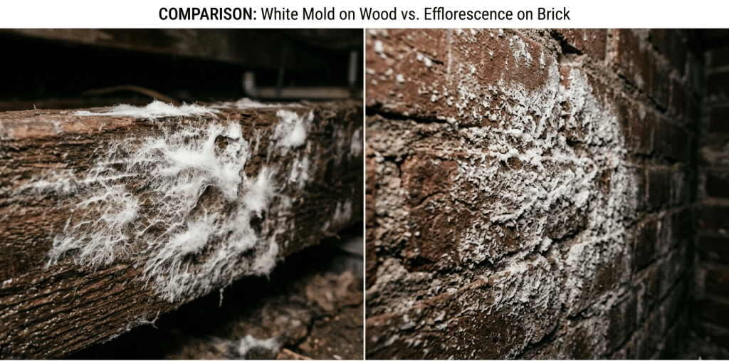 Comparison of white mold and efflorescence in a Santa Barbara County basement.

