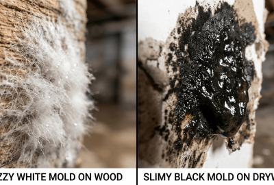 Comparison of White Mold vs Black Mold textures on building materials.