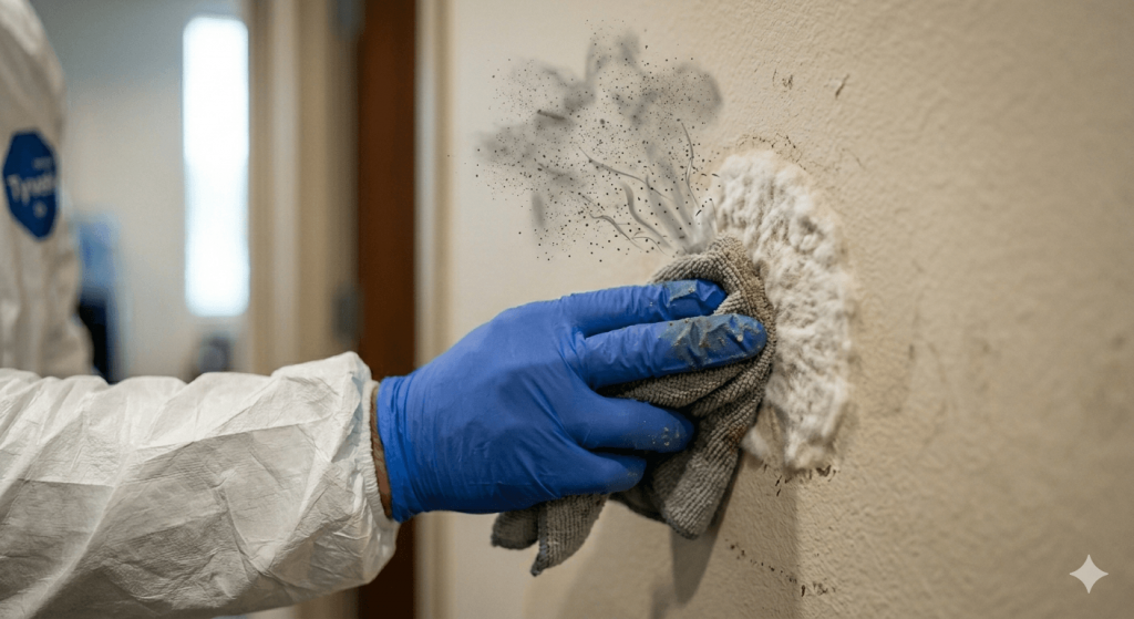 Is White Mold Dangerous on Drywall. A close-up of a hand with a rag wiping a white fuzzy patch on a wall, with a dust-cloud graphic representing spores