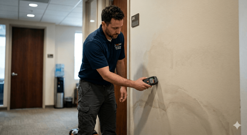 PuroClean technician checking moisture levels during commercial water damage restoration in Santa Maria