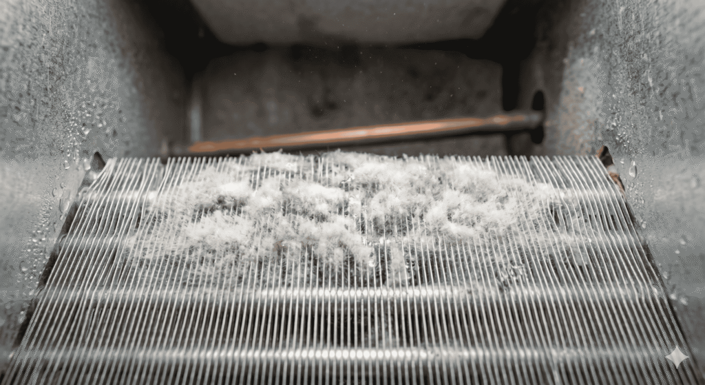 White mold dangerous in HVAC systems growing on A/C coil — [High-moisture areas like coils are primary breeding grounds for HVAC mold