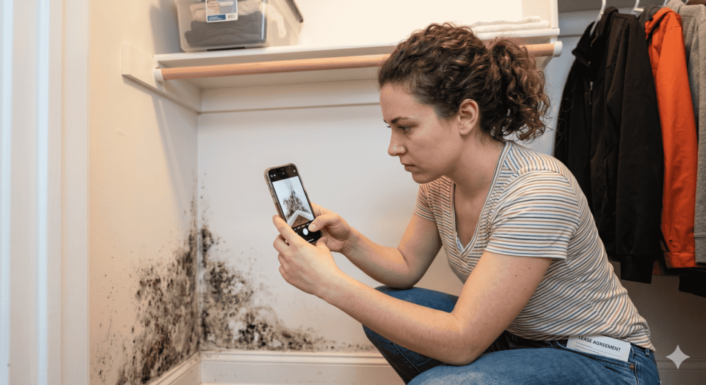 A renter documenting mold growth on a cell phone for legal paper trail evidence.