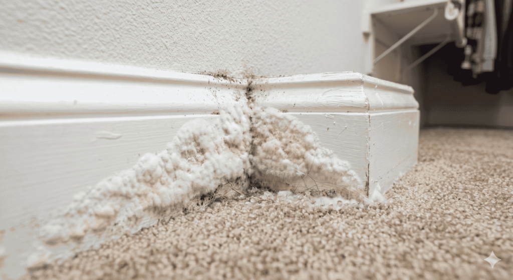 White mold growth on a rental property baseboard demonstrating indoor contamination.