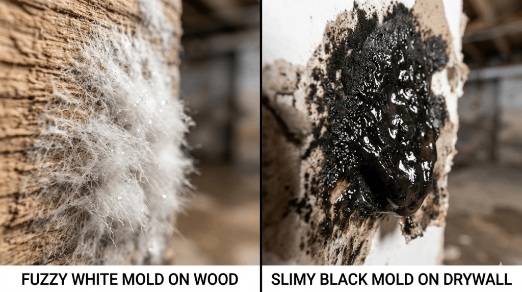 Comparison of White Mold vs Black Mold textures on building materials.