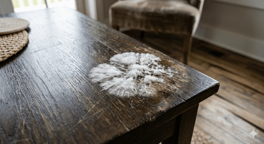 White mold colony spreading on wooden furniture.
