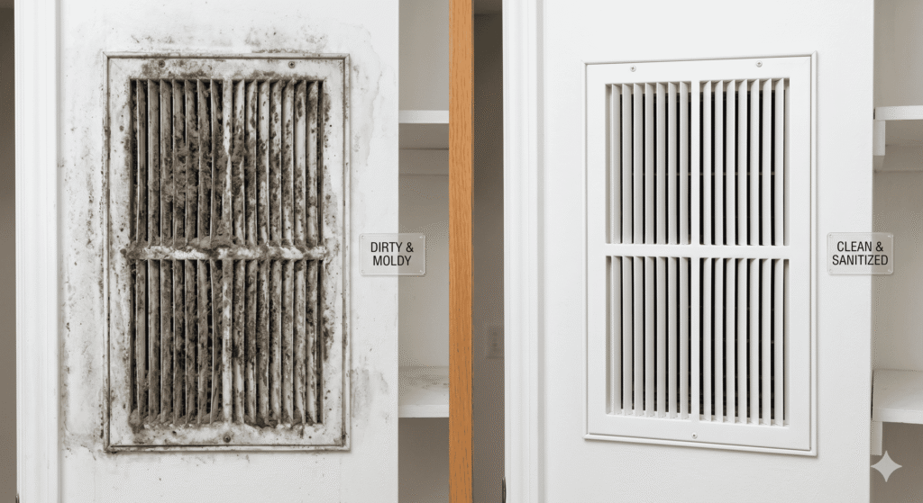 Before and after HVAC system cleaning results — [Visual evidence of effective mold remediation in HVAC units