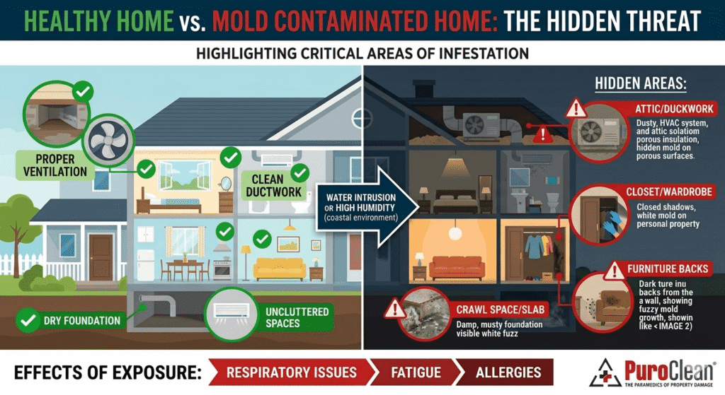Graphic showing common areas for white mold growth in a residential home