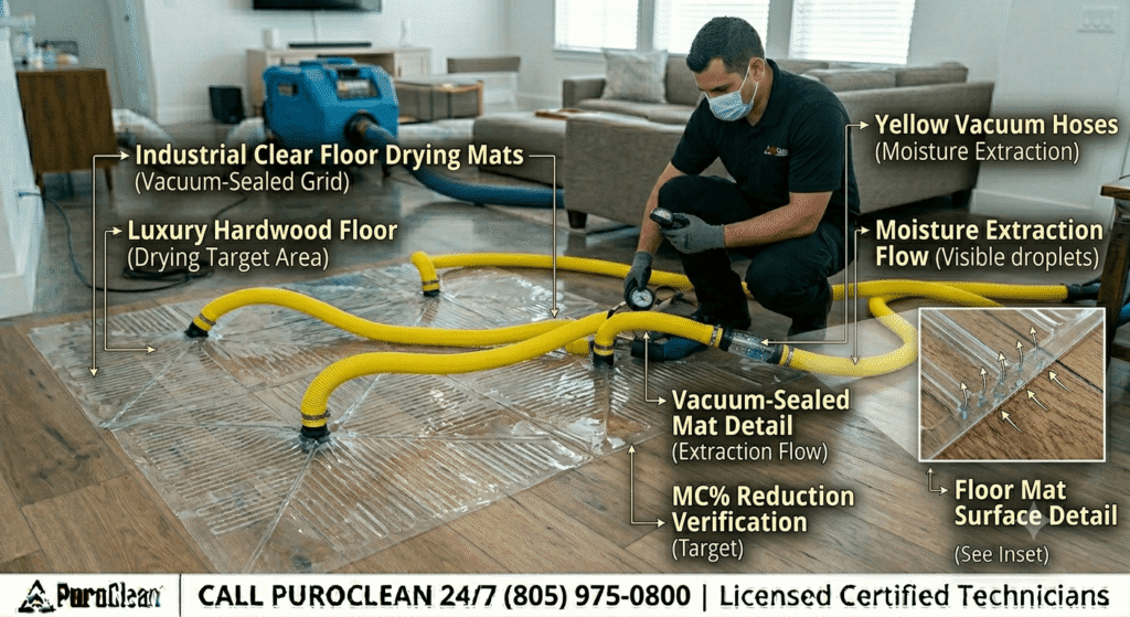 Deploying professional floor drying mats for deep subfloor moisture extraction on water-damaged hardwood