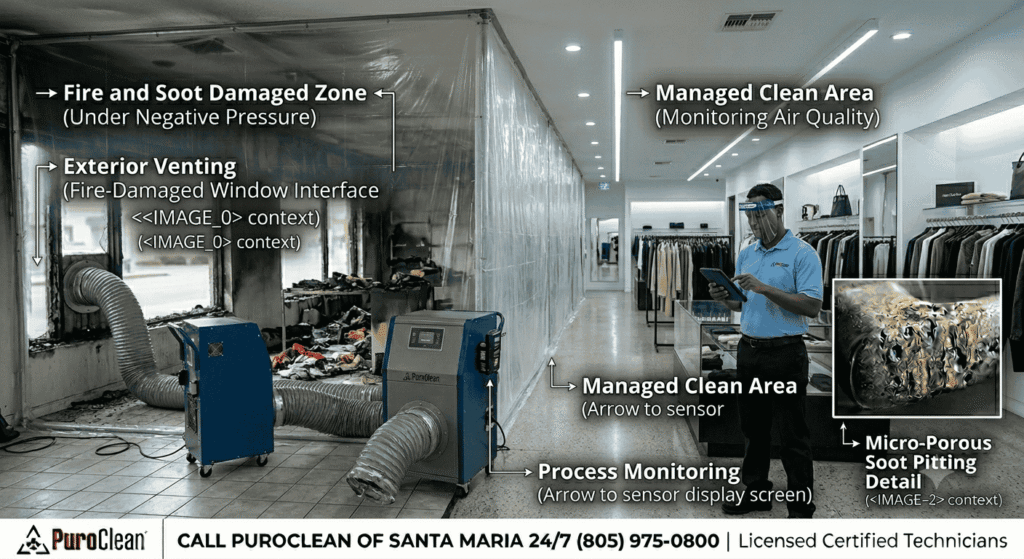 Commercial fire damage mitigation protocols separating clean zones from smoke mitigation areas