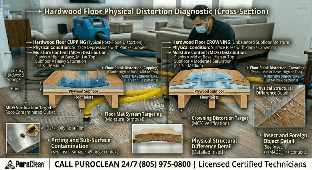 Visualizing hardwood floor cupping vs crowning structural distortions caused by trapped subfloor moisture