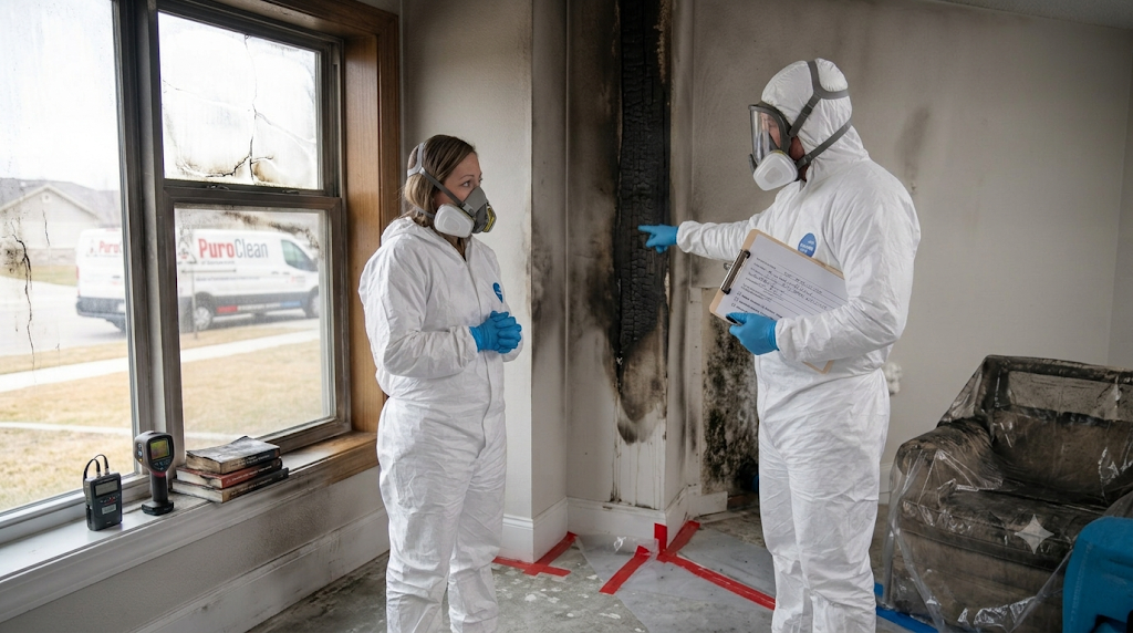 fire damage restoration Santa Maria — technician assessing structural and smoke damage