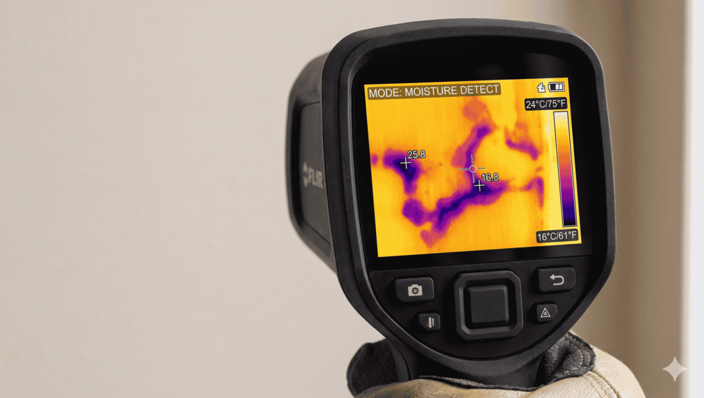 Thermal imaging camera detecting hidden moisture signatures during a broken water main cleanup inspection