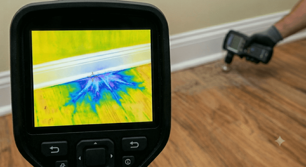 Using infrared thermal imaging to identify cool spots and trace hidden subfloor moisture patterns