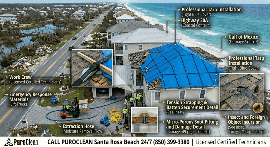Executing rapid emergency roof tarping as part of a coastal disaster recovery plan