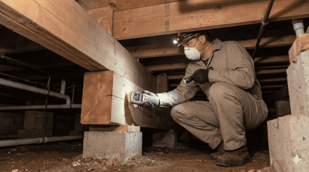 Technician measuring wood moisture content during pier and beam foundation drying FL