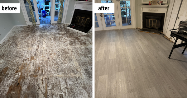 Before-and-after photo of a flood-damaged Siesta Key living room restored