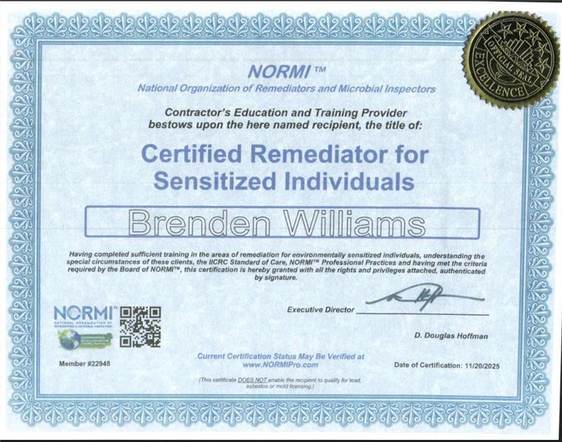 Certified mold remediator for sensitized individuals