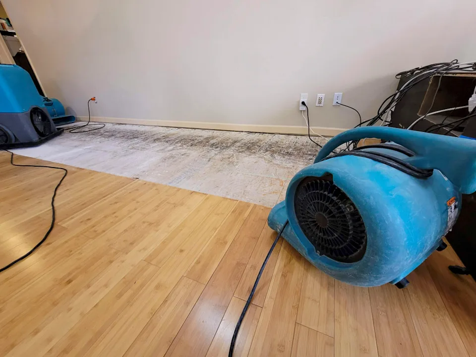 technician setting up industrial drying fans and dehumidifiers in a flooded living room