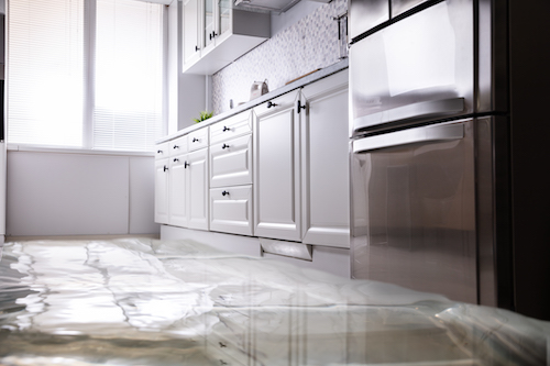 Technicians responding to an active water leak inside a Sarasota kitchen