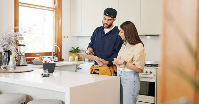 A homeowner reviewing an insurance policy document at a kitchen table alongside a PuroClean technician showing a tablet with restoration documentation; warm lighting, realistic and relatable |  Insurance Claim Restoration in Abington